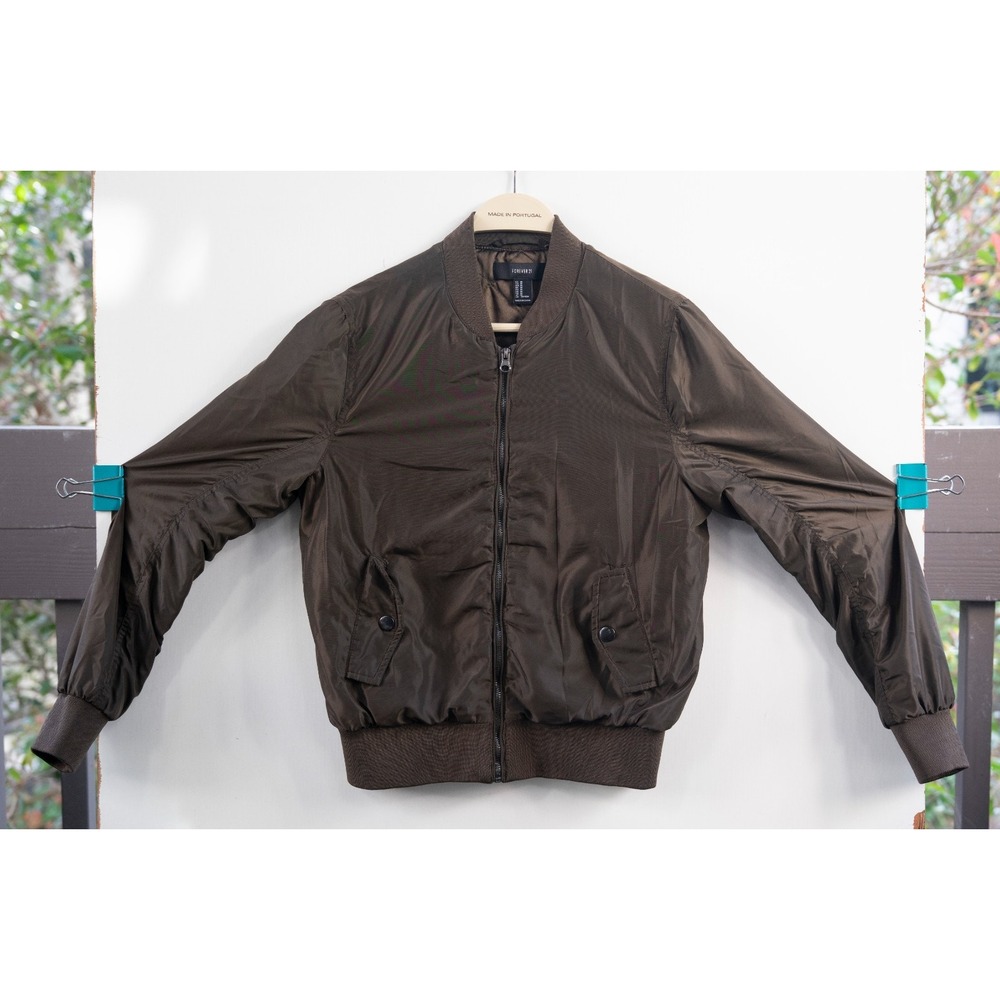 Forever 21 Olive Brown Bomber Jacket Crew Neck Fitted Zip Up Size M